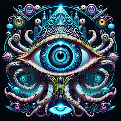 ((Illuminati:1.2)) Octopus-tentacles (Immense detail) (android, cyborg) ((all-seeing eye):1.3) Morphing Hypnotic deep-state illustration (psychedelic art) surrealism, dark and evil glow, glow neon paint, defined sharp edges, mystical, (Multi-dimensional:1.2)