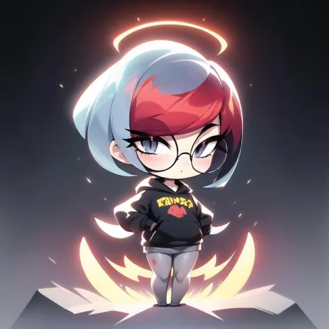 <lora:ChronoTempStyle-20:0.8>,  <lora:mrploxykunArtist-19:0.2>,  <lora:drunkoakArtistStyle_v10:0.2>, full body, chibi, 1girl, 
 <lora:penny-10:0.5> Penny, Black Hoodie, Grey Pantyhose, multicolored hair, very short hair, round glasses, gray eyes,