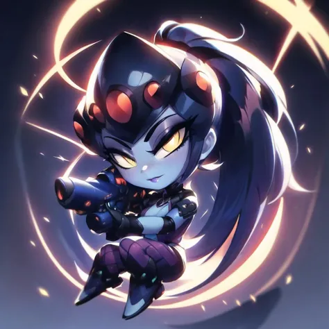 <lora:ChronoTempStyle-20:0.8>, <lora:mrploxykunArtist-19:0.2>, <lora:drunkoakArtistStyle_v10:0.2>, full body, chibi, 1girl,
<lora:Wrise_Widowmaker:0.4>,colored skin, blue skin, body suit, ponytail, purple outfit, overwatch, widowmaker \(overwatch\), tactical headgear, yellow eyes,