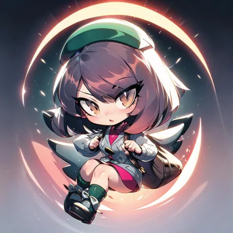 <lora:ChronoTempStyle-20:0.8>,  <lora:mrploxykunArtist-19:0.2>,   <lora:drunkoakArtistStyle_v10:0.2>, full body, chibi, 1girl, 
gloria1, gloria \(pokemon\), brown hair, solo, backpack, brown eyes, tam o' shanter, grey cardigan, pink dress, short hair, green socks, socks, brown bag, bob cut, bangs, long sleeves, collared dress,  <lora:gloria_v2:0.3>,green hat