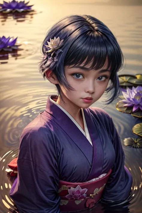 (masterpiece, absurdres, 8k:2.0), fantastic artistic depiction, fairy tale, beautiful,cute,(at night:1.4),romantic,serene,relaxing image,
(in nature,fantasy art,mystical atmosphere1.4),
(young fairy purifying lake:1.3) ,(sakurabaaoi:1.6)  (floating above lake:1.3), (many magical purple lotus flowers drifting in lake:1.56), (blue_kimono:1.3),
(petite:0.6),
(dark blue hair:1.3),
(beautiful highly detailed face and upper body,dark blue hair:1.3),
<lora:Sakuraba_Aoi:0.9> ,
 , <lora:add_detail:1.1>