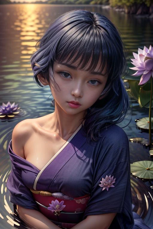 (masterpiece, absurdres, 8k:2.0), fantastic artistic depiction, fairy tale, beautiful,cute,(at night:1.4),romantic,serene,relaxing image,
(in nature,fantasy art,mystical atmosphere1.4),
(young fairy purifying lake:1.3) ,(sakurabaaoi:1.6) (floating above lake:1.3), (many magical purple lotus flowers drifting in lake:1.56), (blue_kimono:1.3),
(petite:0.6),
(dark blue hair:1.3),
(beautiful highly detailed face and upper body,dark blue hair:1.3),
<lora:Sakuraba_Aoi:0.9> ,
, <lora:add_detail:1.1>