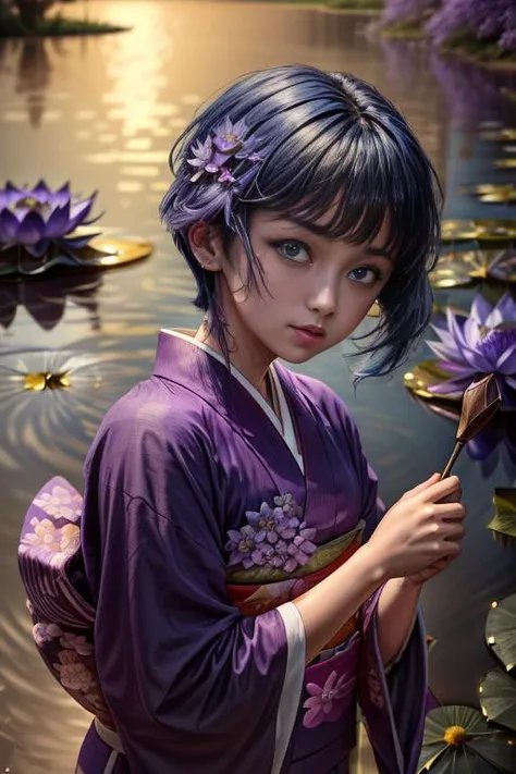 (masterpiece, absurdres, 8k:2.0), fantastic artistic depiction, fairy tale, beautiful,cute,(at night:1.4),romantic,serene,relaxing image,
(in nature,fantasy art,mystical atmosphere1.4),
(young magician performing dark ritual:1.3) ,(sakurabaaoi:1.6)  (floating above lake:1.3), (many magical purple lotus flowers drifting in lake:1.56), (blue_kimono:1.3),
(busty petite:0.6),
(dark blue hair:1.3),
(beautiful highly detailed face and upper body,dark blue hair:1.3),
<lora:Sakuraba_Aoi:0.9> ,
 , <lora:add_detail:1.1>