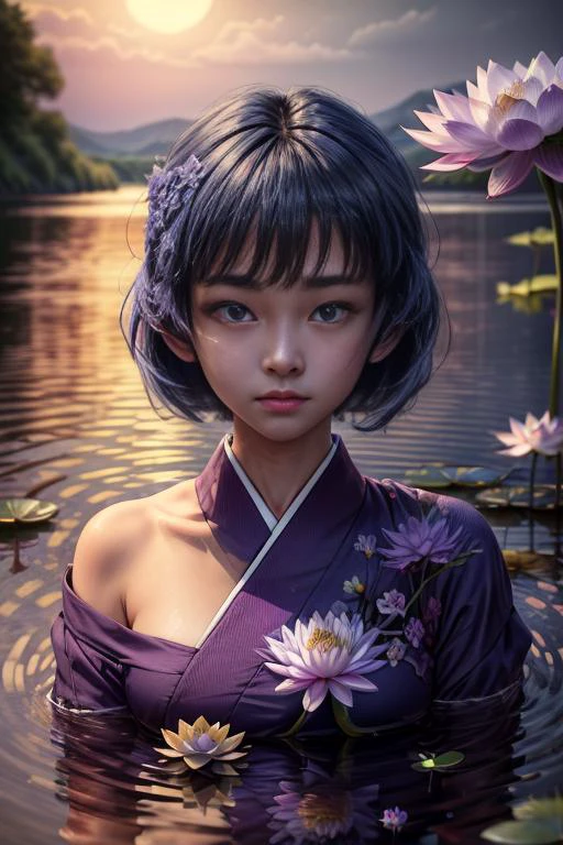 (masterpiece, absurdres, 8k:2.0), fantastic artistic depiction, fairy tale, beautiful,cute,(at night:1.4),romantic,serene,relaxing image,
(in nature,fantasy art,mystical atmosphere1.4),
(young fairy purifying lake:1.3) ,(sakurabaaoi:1.6) (floating above lake:1.3), (many magical purple lotus flowers drifting in lake:1.56), (blue_kimono:1.3),
(petite:0.6),
(dark blue hair:1.3),
(beautiful highly detailed face and upper body,dark blue hair:1.3),
<lora:Sakuraba_Aoi:0.9> ,
, <lora:add_detail:1.1>