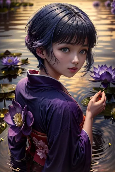 (masterpiece, absurdres, 8k:2.0), fantastic artistic depiction, fairy tale, beautiful,cute,(at night:1.4),romantic,serene,relaxing image,
(in nature,fantasy art,mystical atmosphere1.4),
(young magician performing dark ritual:1.3) ,(sakurabaaoi:1.6)  (floating above lake:1.3), (many magical purple lotus flowers drifting in lake:1.56), (blue_kimono:1.3),
(busty petite:0.6),
(dark blue hair:1.3),
(beautiful highly detailed face and upper body,dark blue hair:1.3),
<lora:Sakuraba_Aoi:0.9> ,
 , <lora:add_detail:1.1>