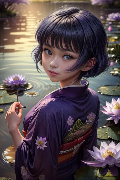 (masterpiece, absurdres, 8k:2.0), fantastic artistic depiction, fairy tale, beautiful,cute,serene,relaxing image,
(in nature,fantasy art,mystical atmosphere1.4),
(sakurabaaoi:1.6)  (floating above lake:1.3), (many magical purple lotus flowers drifting in lake:1.56), (blue_kimono:1.3),
(dark blue hair:1.3),
(sweet smile,seductive,super petite),
(beautiful highly detailed face and upper body,dark blue hair:1.2),
<lora:Sakuraba_Aoi:0.9> ,
 , <lora:add_detail:1.1>