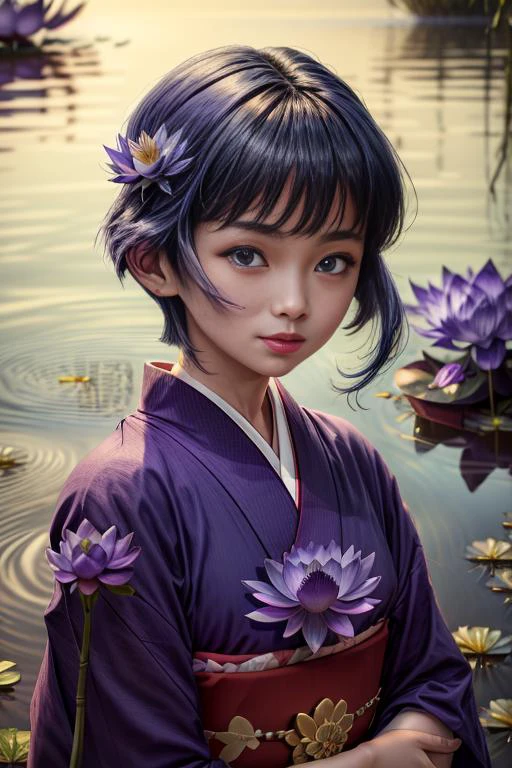 (masterpiece, absurdres, 8k:2.0), fantastic artistic depiction, fairy tale, beautiful,cute,serene,relaxing image,
(in nature,fantasy art,mystical atmosphere1.4),
(sakurabaaoi:1.6) (floating above lake:1.3), (many magical purple lotus flowers drifting in lake:1.56), (blue_kimono:1.3),
(dark blue hair:1.3),
(sweet smile,seductive,super petite),
(beautiful highly detailed face and upper body,dark blue hair:1.2),
<lora:Sakuraba_Aoi:0.9> ,
, <lora:add_detail:1.1>