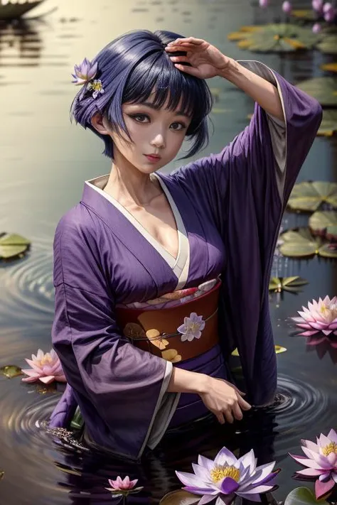 (masterpiece, absurdres, 8k:2.0), fantastic artistic depiction, fairy tale, beautiful,cute,serene,relaxing image,
(in nature,fantasy art,mystical atmosphere1.4),
(sakurabaaoi:1.6)  (floating above lake:1.3), (many magical purple lotus flowers drifting in lake:1.56), (blue_kimono:1.3),
(dark blue hair:1.3),
(sweet smile),
(beautiful highly detailed face and upper body,dark blue hair:1.2),
<lora:Sakuraba_Aoi:0.9> ,
 , <lora:add_detail:1.1>