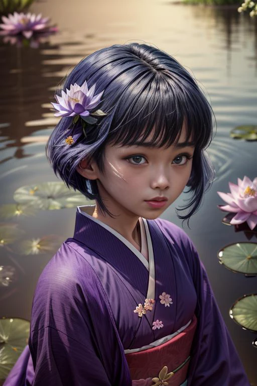 (masterpiece, absurdres, 8k:2.0), fantastic artistic depiction, fairy tale, beautiful,cute,serene,relaxing image,
(in nature,fantasy art,mystical atmosphere1.4),
(sakurabaaoi:1.6) (floating above lake:1.3), (many magical purple lotus flowers drifting in lake:1.56), (blue_kimono:1.3),
(dark blue hair:1.3),
(beautiful highly detailed face and upper body,dark blue hair:1.2),
<lora:Sakuraba_Aoi:0.9> ,
, <lora:add_detail:1.1>