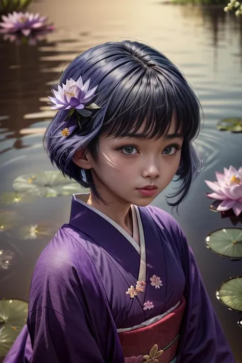 (masterpiece, absurdres, 8k:2.0), fantastic artistic depiction, fairy tale, beautiful,cute,serene,relaxing image,
(in nature,fantasy art,mystical atmosphere1.4),
(sakurabaaoi:1.6)  (floating above lake:1.3), (many magical purple lotus flowers drifting in lake:1.56), (blue_kimono:1.3),
(dark blue hair:1.3),
(beautiful highly detailed face and upper body,dark blue hair:1.2),
<lora:Sakuraba_Aoi:0.9> ,
 , <lora:add_detail:1.1>