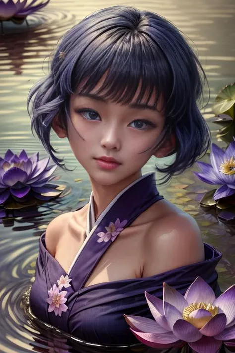 (masterpiece, absurdres, 8k:2.0), fantastic artistic depiction, fairy tale, beautiful,cute,serene,relaxing image,
(in nature,fantasy art,mystical atmosphere1.4),
(sakurabaaoi:1.6)  (floating above lake:1.3), (many magical purple lotus flowers drifting in lake:1.56), (blue_kimono:1.3),
(dark blue hair:1.3),
(sweet smile,seductive,super petite),
(beautiful highly detailed face and upper body,dark blue hair:1.2),
<lora:Sakuraba_Aoi:0.9> ,
 , <lora:add_detail:1.1>