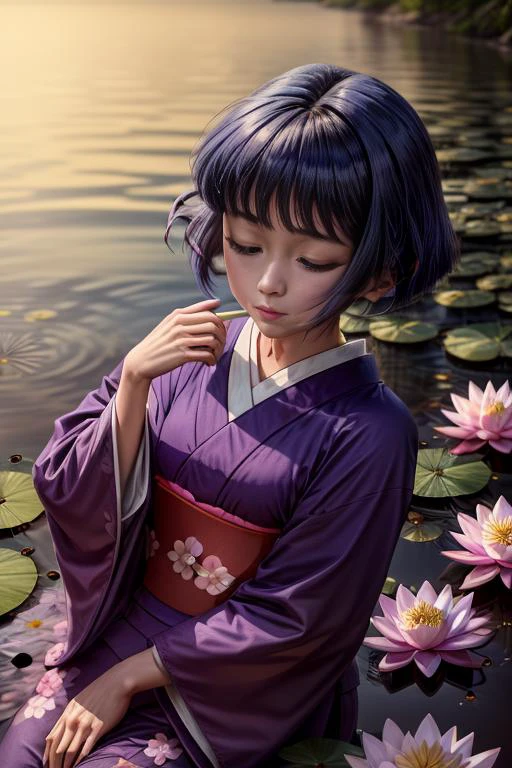 (masterpiece, absurdres, 8k:2.0), fantastic artistic depiction, fairy tale, beautiful,cute,(serene,relaxing image:1.4)
(in nature,fantasy art,mystical atmosphere,sleeping petit beauty:1.4),
(sakurabaaoi:2.2) (floating above lake:1.3), (many magical purple lotus flowers drifting in lake:1.56), (blue_kimono:1.3),
(dark blue hair:1.3),
(beautiful highly detailed face and upper body,dark blue hair:1.2),
<lora:Sakuraba_Aoi:1> ,
, <lora:add_detail:1.1>