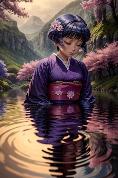 (masterpiece, absurdres, 8k:2.0), fantastic artistic depiction, fairy tale, beautiful,cute,(serene,relaxing image:1.4)
(in nature,fantasy art,mystical atmosphere,sleeping petit beauty:1.4),
(sakurabaaoi:2.2)  (floating above lake:1.3), (many magical purple lotus flowers drifting in lake:1.56), (blue_kimono:1.3),
(dark blue hair:1.3),
(beautiful highly detailed face and upper body,dark blue hair:1.2),
<lora:Sakuraba_Aoi:1> ,
 , <lora:add_detail:1.1>