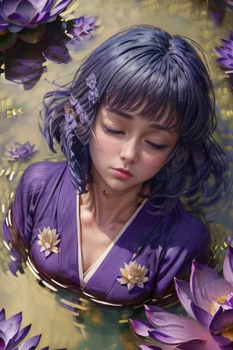 (masterpiece, absurdres, 8k:2.0), fantastic artistic depiction, fairy tale, beautiful,cute,(serene,relaxing image:1.4)
(in nature,fantasy art,mystical atmosphere,sleeping beauty:1.4),
(sakurabaaoi:1.6)  (floating above lake:1.3), (many magical purple lotus flowers drifting in lake:1.56), (blue_kimono:1.3),
(dark blue hair:1.3),
(beautiful highly detailed face and upper body,dark blue hair:1.2),
<lora:Sakuraba_Aoi:0.9> ,
 , <lora:add_detail:1.1>