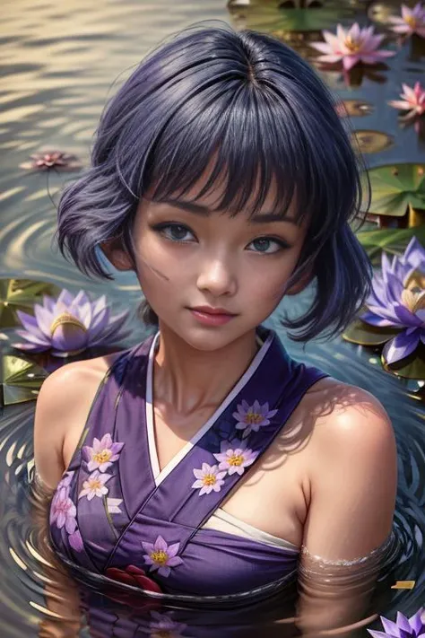 (masterpiece, absurdres, 8k:2.0), fantastic artistic depiction, fairy tale, beautiful,cute,serene,relaxing image,
(in nature,fantasy art,mystical atmosphere1.4),
(sakurabaaoi:1.6)  (floating above lake:1.3), (many magical purple lotus flowers drifting in lake:1.56), (blue_kimono:1.3),
(dark blue hair:1.3),
(sweet smile,seductive,super petite),
(beautiful highly detailed face and upper body,dark blue hair:1.2),
<lora:Sakuraba_Aoi:0.9> ,
 , <lora:add_detail:1.1>