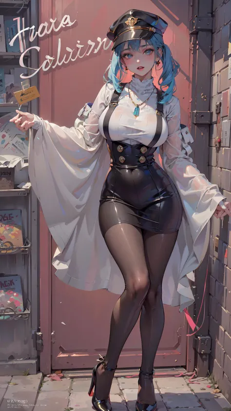 ((((best quality))), (((ultra detailed))), (((masterpiece))), illustration, ray tracing,
1girl, solo, looking at viewer, glossy skin, contrapposto, necklace, female focus,model, big breasts, (hat:0.7), uniform, pantyhose, high heels, cool, see-through, floating hair, sexy, fine fabric emphasis,
wall paper, crowds, fashion, Lipstick, depth of field, street, in public,
(Magazine cover-style illustration of a fashionable woman in a vibrant outfit), posing in front of a colorful and dynamic background. She has a confident expression and is holding a statement accessory, The text on the cover should be bold and attention-grabbing, with the title of the magazine and a catchy headline. The overall style should be modern and trendy, with a focus on fashion and lifestyle),
<lora:tutu_20230530092930:0.6>
