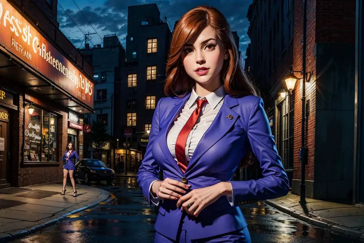 (ashenhard style:1.2), masterpiece, best quality, high quality, <lora:daphneblake:0.6> 1girl, daphne blake, character, women in business suit in city, huge breasts,