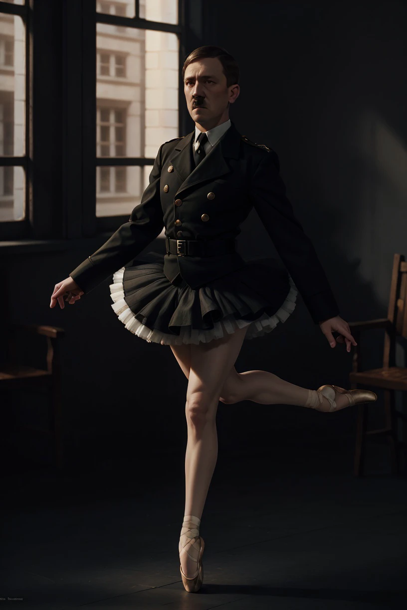 ((best quality)), ((masterpiece)), (high detailed), dark fantasy style, AdolfHitler, tutu, ballet pose, detailed eyes, view to the light, beautiful intricately detailed, real shadow, real face, hd, 2k, 4k, 8k, 16k, realistic light, realistic shadow, <lora:Adolf-Diffusion2:0.7> <lora:ballet_dance:0.5>