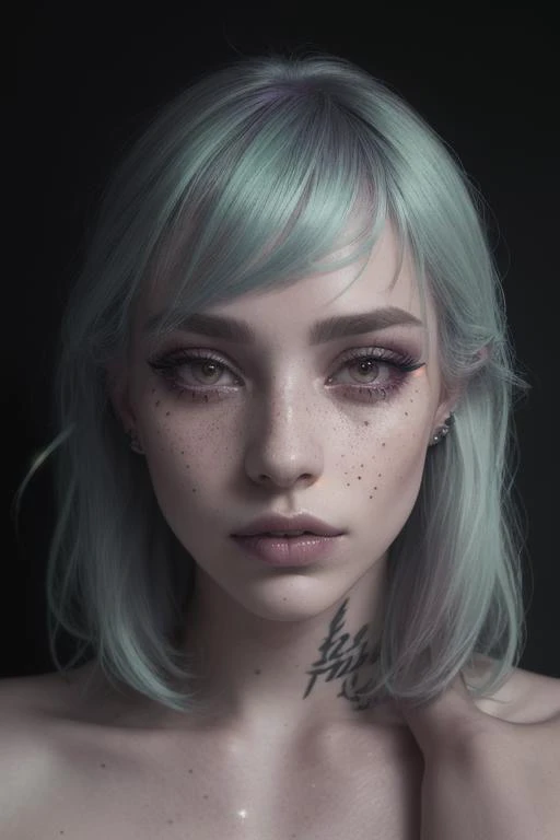 a photo of a seductive Caucasian/White woman with loose styled pastel violet and mint hair,mascara,(tattoos:1.1),(textured skin, skin pores:1.1),(moles:0.8),imperfect skin,goosebumps,flawless face,(light freckles:0.9),((photorealistic):1.1),(raw, 8k:1.2),dark,muted colors,slate atmosphere,geyser background,