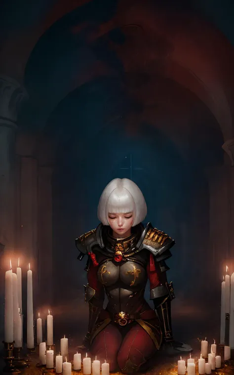 $character = kneeling stance  ,  bowed prayer   , white hair  , bobcut  ,  eyeliner ,  closed eyes  ,    whsororitas
$place =   chess floor,  candles  ,   beneath cathedral catacomb background
[candy colored swirl mix gradient  : $character $place  $character  <lora:WH40KSisters_V2rank8:1>  : 0.2]
[ : custom_quality : 0.8]