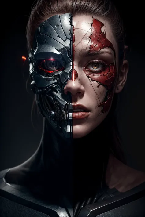 RAW photo, hyper-realistic, Generate a realistic image inspired by the Terminator franchise, depicting the face of a battle-damaged female cybernetic organism. The face is divided into two halves: on the left side, the visage appears to be that of a resilient woman, with lifelike skin,highly detailed eyes and skin, delicate features, and signs of determination. On the right side, however, the illusion of humanity is shattered, revealing the exposed, damaged exoskeleton beneath the surface of the skin.
Render the human side of the face with meticulous attention to detail, capturing the intensity and grit of a battle-hardened warrior. Utilize high-resolution textures to depict the resilient skin, portraying a mix of determination, sweat, and possibly a few battle scars. Enhance the realism by incorporating dynamic lighting techniques that emphasize the character's determination and strength, casting shadows that add depth and intensity to the facial expression.
On the damaged robotic side, reveal a combination of damaged and torn skin that exposes the metallic exoskeleton beneath. The skin should appear to be peeling or partially torn, revealing the intricate machinery situated beneath it. Employ advanced AI rendering techniques to bring out the details of the exposed exoskeleton, showcasing the battle-inflicted scars, ruptured joints, and sparks of malfunctioning circuitry. The metallic exoskeleton should be positioned deeper within the face, conveying the sense that it resides beneath the torn skin.
Create a contrast between the warm, human side and the cold, damaged robotic side by utilizing a lighting scheme that highlights the stark divide between organic and artificial elements. Experiment with lighting angles to accentuate the battle damage and provide depth to the damaged robotic side. Use orange lighting on the damaged side to create an otherworldly and menacing atmosphere, while also highlighting the exposed exoskeleton beneath the torn skin.
In the background, incorporate a dystopian environment that further enhances the sense of destruction and battle. Utilize smoky atmospheres, crumbling structures, or shattered remnants of technology to reinforce the theme. This backdrop will enhance the overall atmosphere and convey a post-apocalyptic setting.
Ensure that the final image effectively portrays the resilience and battle-worn nature of the female Terminator, juxtaposing the vulnerability of human skin with the exposed exoskeleton beneath the damaged surface. The attention to detail, realistic rendering, and careful lighting techniques, including the use of torn skin and the placement of the exoskeleton deeper within, will contribute to a visually captivating and immersive representation of the battle-damaged female Terminator's face.
<lora:add_detail:1.5> <lora:bhands-neg:1> <lora:Noiseoffset:0.5>