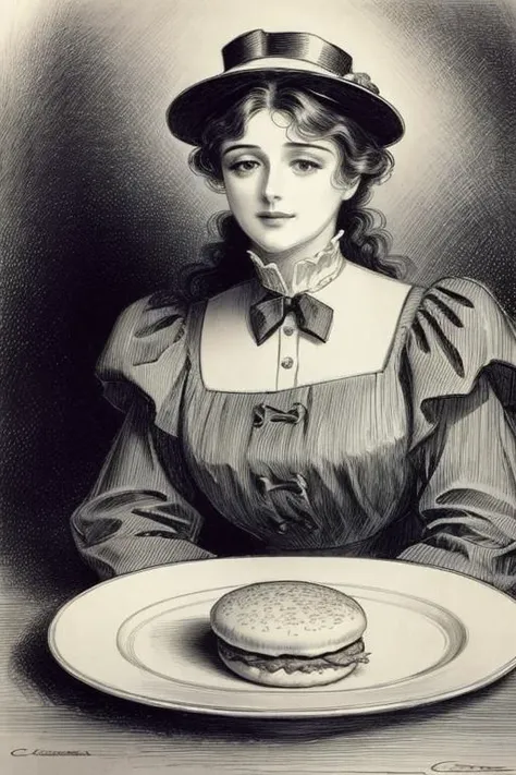 masterpiece,best quality,realistic,hamburger,table,<lora:cdg_v1:0.8>, drawing by Charles Dana Gibson,