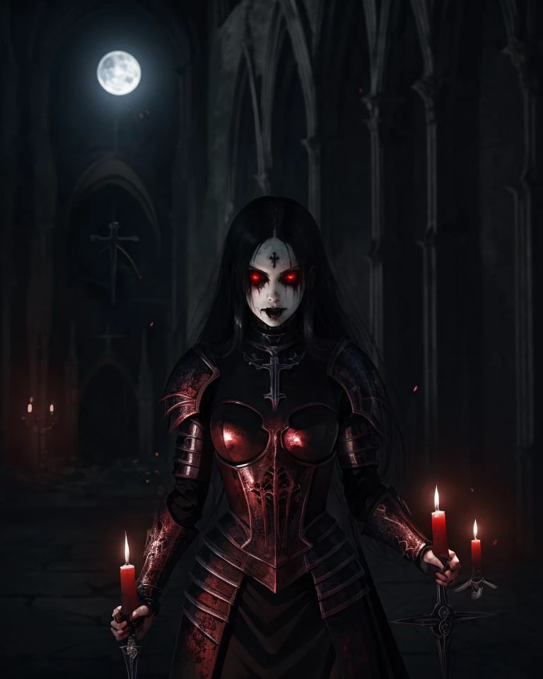 Best Quality, Ultra-Sharp, Horror Art, cute female medieval warrior surrounded by strong demonic presence, inside gothic medieval church, bloody dark lighting candles, heavy shadows, detailed face, Night with moonlight