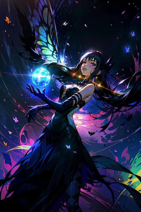 de-homura, 1girl, akemi homura, akuma homura, solo, long hair, gloves, thighhighs, black hair, wings, elbow gloves, argyle, purple eyes, black gloves, bare shoulders, dress, bow, hair bow, argyle legwear,(kbxll:0.6)(((White glowing dress, white giant dress, dress glitter, dress ))),Graceful dance dynamics,long legs,small legs((Huge long white hair glowing quilt hair,Long flowing hair))official art,unity 8k wallpaper,ultra detailed,beautiful and aesthetic,masterpiece,best quality,realistic((Huge long white hair glowing quilt hair,))masterpiece,best quality,ultra-detailed,very detailed illustrations,extremely detailed,intricate details,.White glowing dress,white giant dress,dress glitter,dress made of aurorahighres,super complex details,extremely detailed 8k cg wallpaper,cowboy shot,caustics,reflection,ray tracing,demontheme,nebula,dark aura,cyber effect,(1girl:1.4),solo,small blue butterflies,surrounded by dozens of monarch butterflies,Huge long white hair glowing quilt hair,(blue plasma flame, (insect, butterflies))Long skirts of blue crystal,huge skirts with butterflies on them,.Holy light butterfly angel,butterfly wings,in the style of rococo pastel hues,light white and light crimson,unbelievably beautiful,cherry blossoms,sparkling water reflections,union,flowing,surreal,painting,ethereal,elsa bleda,stockphoto,mixes realistic and fantastical elements,vray tracing,intricate patterns,delicate lines,made of crystals,Refine hands,Refine hands,Refine hands.<lora:LAS:0.6>starry,colorful,stars, (sharp focus on face), (foreshortening:1.1, slightly_above:0.3, fisheye:1.1),<lora:add_detail:0.5>
