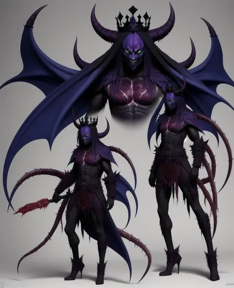 Fullbody creature concept demon of envy looks like a frail and hunched nightmarish lord dressed in clothes woven from alive skin and meat, the small crown of rose from the head, black and ultramarine colour, hight resolution, 8k