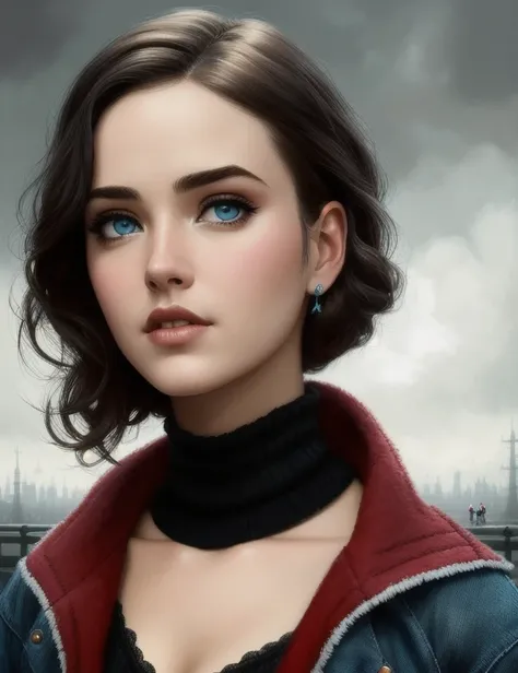 masterpiece, best quality, Lofi portrait, digital painting, HDR, Pixar style Painting by Joe Fenton, Stanley Artgerm, Tom Bagshaw, Tim Burton, sideways glance, foreshortening, extremely detailed 8K, high resolution, ultra quality, highly detail eyes, highly detail mouth, highly detailed face, perfect eyes, both eyes are the same, hd, 2k, 4k, 8k, 16k