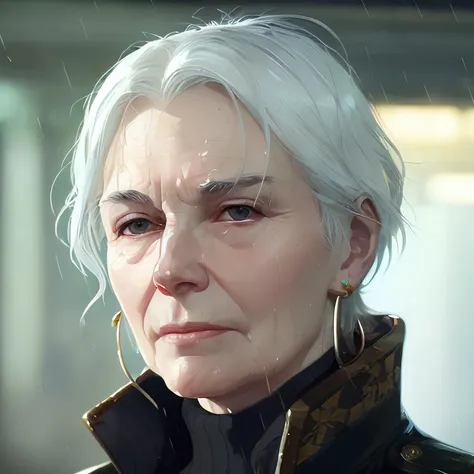 a close up portrait of a wet, happy, white hair, Old woman, earclip, cleavage, Quarters in the background, turtleneck, by craig mullins and makoto shinkai and alphonse mucha and laurie greasley
