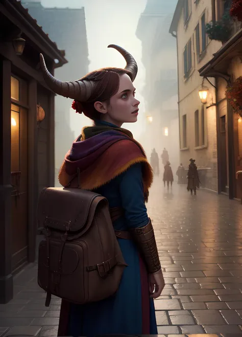 abstract colors, texture, film grain, (skin pores:0.1) hasselblad, dslr RAW photo, backlit, intricate dramatic portrait of cute young Tiefling faun demon sorceress with curled horns (hooves:1.2) standing on medieval fantasy city (cobblestone street:1.2), critical role jester, selfie, freckles, wearing dress, foggy morning, Shannara chronicles, hobbit willow concept art, anna Dittmann, Magali Villeneuve, marc Simonetti, cinematic movie still frame, (analog style:1.3) (film grain:1.3)