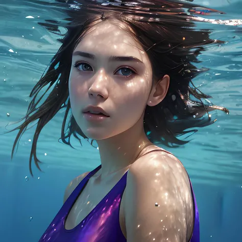 masterpiece, photo realistic, group profile of Young Woman, swimming underwater, purple top, bare shoulders, beautiful girl face, natural detailed hair movement underwater, air bubbles Professional Majestic Oil Painting by Ed Blinkey, Atey Ghailan, Studio Ghibli, by Jeremy Mann, Greg Manchess, Antonio Moro, Trending on ArtStation, Trending on CGSociety, Intricate, High Detail, Sharp Focus, Dramatic, Photorealistic Painting, art by Midjourney and Greg Rutkowski