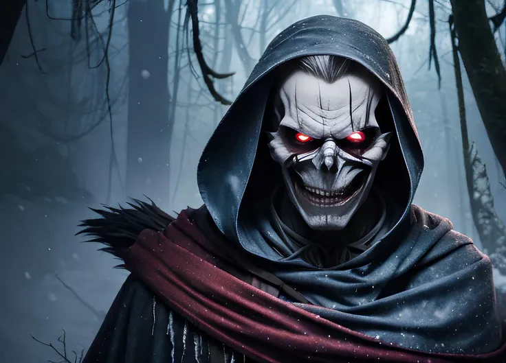 ((RAW, analog style)), haze, halation, bloom, dramatic atmosphere, centred, rule of thirds solo, spooky, decayed Priest, (glowing:0.7)  brown eyes, vivid colors, salmon damaged skin, Messy and unwashed dark blue hair, sores on the body, halfskull face, in action, (evil:1.4), (crazy look), (laugh), extends a hand to the viewer, grey arteries, dressed in a magical poncho with shining runes, magical effects, ultra detailed A scene all frozen and full of snow with stalactites environment,