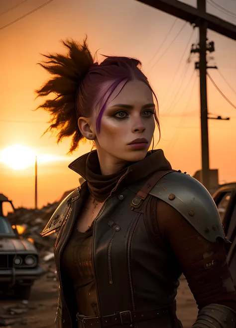 abstract colors, texture, film grain, skin pores, dust, rust, (scratches:0.1) intricate RAW full-body dramatic portrait photo of solarpunk goth chick wearing old tattered leather armor long boots, gritty post-apocalyptic barbarian raider (standing:1.2) in dusty post-apocalyptic wasteland junkyard, 1girl, punk pompadour hair, warpaint, (freckles:1.2), analog style (eye contact1.2) selfie, (sunset storm backlit:1.2), (film grain1.3), mad max fury road