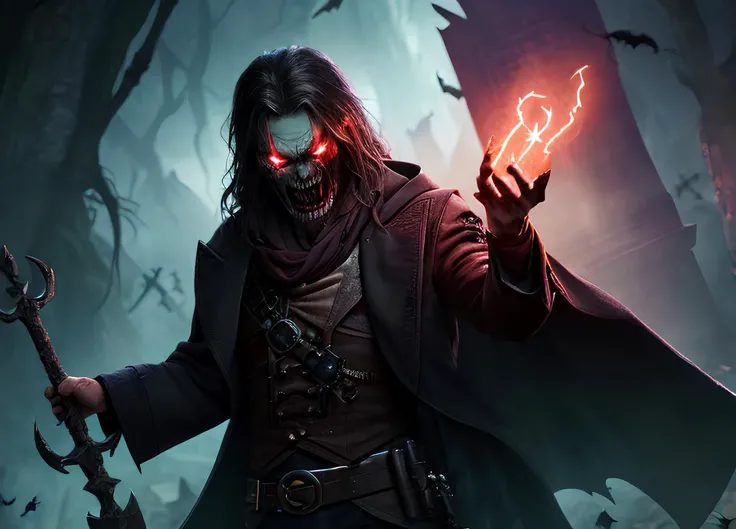 ((RAW, analog style)), studio quality, solo, spooky, decayed Cultist, (glowing:0.7) brown eyes, vivid colors, mahogany damaged skin, Messy and unwashed aqua hair, sores on the body, halfskull face, in action, (evil:1.4), (crazy look), (laugh), extends a hand to the viewer, purple arteries, dressed in a magical tailcoat with shining runes, magical effects, ultra detailed An environment with tombstones and a similar look to a cemetery with some bats and cockroaches environment,