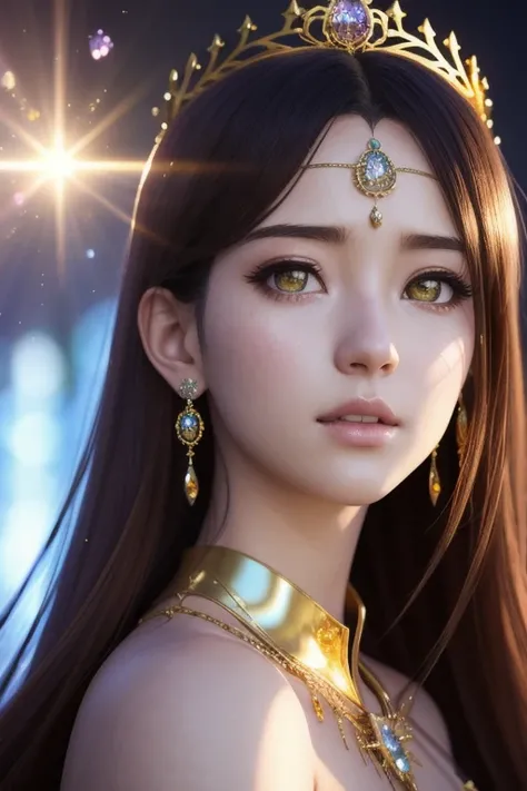 Manga, masterpiece, best quality, 1girl, half body, sad princess, fantasy, ((painting by wlop)) from artstation, glitter jewelry, glare, Iridescent, Global illumination, real hair movement, realistic light, realistic shadow, sideways glance, ((foreshortening)), soft light, dream light, perfect eyes, background 4k, romantic, high detail, crowns, gold and gems