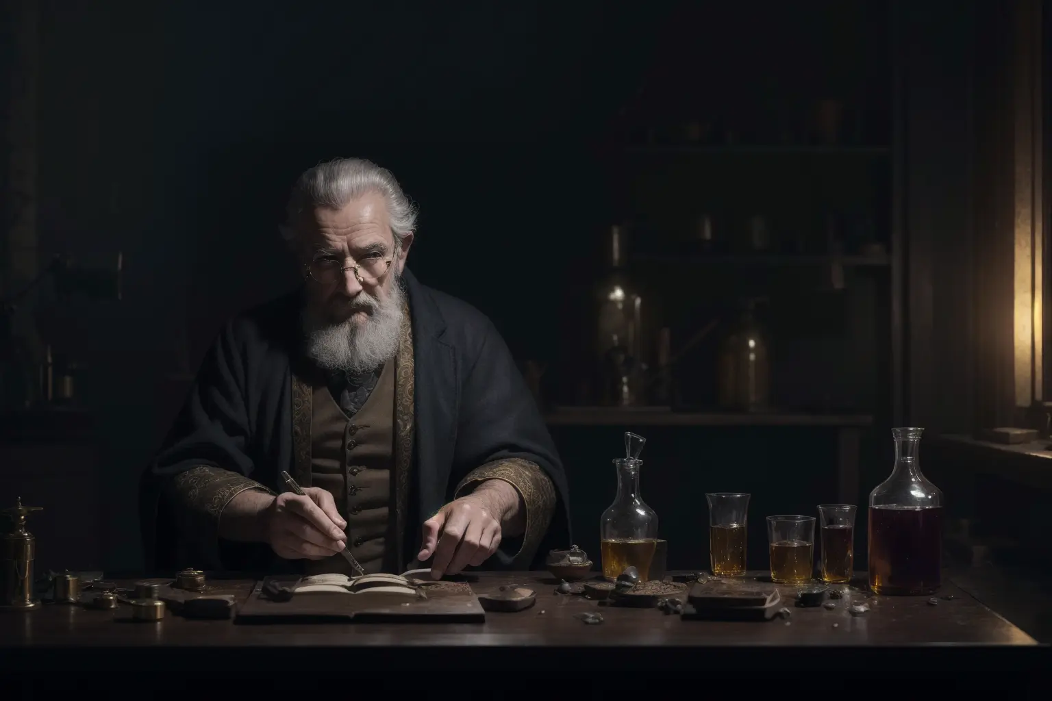 photorealistic, masterpiece, best quality, artistic composition, in an ancient alchemy laboratory, medium shot of a wise old man mixing potions showing a facial expression of intense concentration., highly detailed clothes, realistic clothing textures, abundant details, intrincate details, skin texture|spots|wrinkles, clothes wrinkles, floating dust particles, moody lighting, glow, glowing, mysterious, mystical, magical, rim lighting, highly detailed, (flasks, test tubes, watchmaking, books), 5 fingers, multicolor liquids, 4k, UHD, highest quality