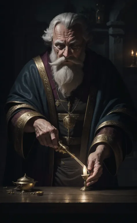 realistic, masterpiece, best quality, old wise wizard mixing potions, moody lighting, glow, glowing, mysterious, mystical, magical, rim lighting