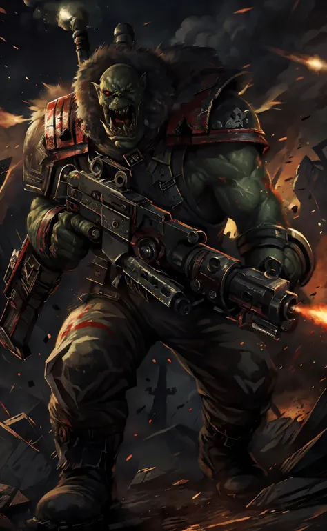 $character =  ( orc , male focus , mischievous creature  , green skinned <lora:40k_ork:0.7> : 1)
[red  : custom_mayhem : 0.3]
[ custom_quality  :  $character ,  explosions  : 0.01 , 0.999  ]