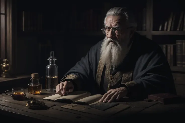 photorealistic, masterpiece, best quality, artistic composition, in an ancient alchemy laboratory, medium shot of a wise (old man) mixing potions showing a facial expression of intense concentration, highly detailed clothes, realistic clothing textures, abundant details, intrincate details, skin texture|spots|wrinkles, clothes wrinkles, floating dust particles, moody lighting, glow, glowing, mysterious, mystical, magical, rim lighting, highly detailed, (flasks, test tubes, watchmaking, books), 5 fingers, multicolor liquids, 4k, UHD, highest quality