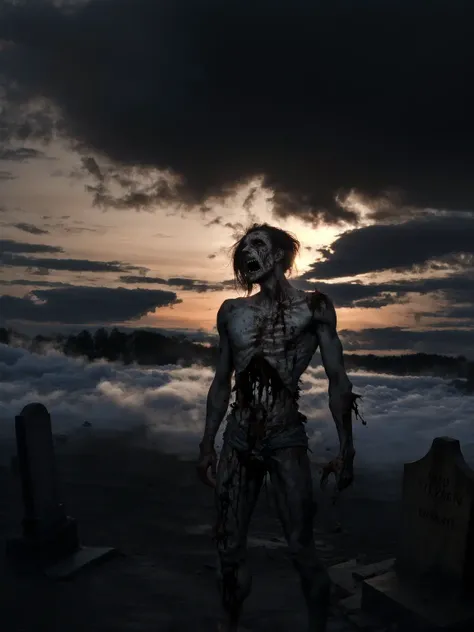 photorealistic, highest quality, cinematic composition, (full body:1.4) photography of a (zombie limping through an ancient graveyard with old gravestones and tombstones around them :1.2), (wearing ripped|dirt|tattered clothes:1.2), (rotting meat, body|neck|torso|arms|hands|legs|feet dirt|putrid|rotting|tumefied, haggard face, haggard skin, dirt teeth, gnarled hands, macabre, disturbing, deformities, aberration, thin hair, shabby hair, dishevelled hair, torn skin, ripped flesh:1.2), different skin tones, skin wrinkles, clothes wrinkles, rotting face, rotting eyes, detailed clothes, clothes texture|wrinkles, abundant details, intricate details, (swirling fog:1.4), dark ambientation, gloomy lighting, volumetric shadows, (highly dynamic pose:1.2), 8k, highly detailed, UHD, HDR, (extremely high facial expressiveness:1.3)