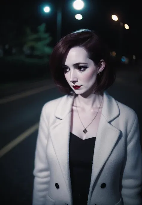 mature woman , pale skin, analog photo, nighttime