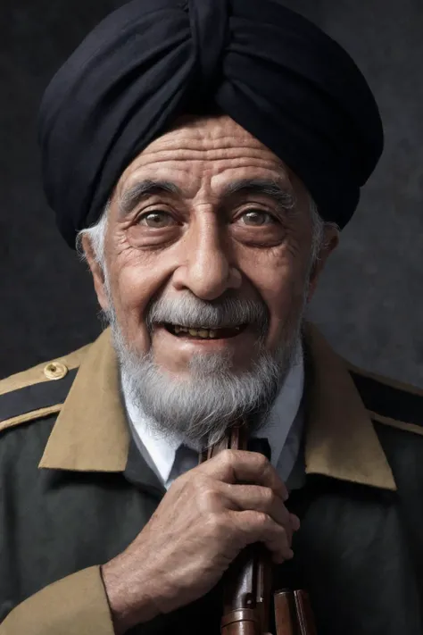 close-up photo portrait of a 80 yo aged Arab man, short grey hair, beard, black eyes, joyful face expression, turban, holding ak-47, military, simple background