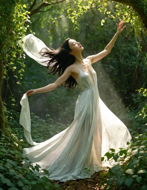 In a forest glade dappled with sunlight, a young woman adorned in a flowing white gown whose hem seems to dance as she moves, her raven hair cascading down her back like a waterfall of obsidian silk, strikes an enchanting pose, one hand reaching up to delicately touch a veil ivy that frames her delicate features, the other cradling a posy of wildflowers, while her eyes alight with a mysterious, elusive allure hinting at hidden depths and untold stories. Rose <lora:tuywym18fbf2f77aan502:1>