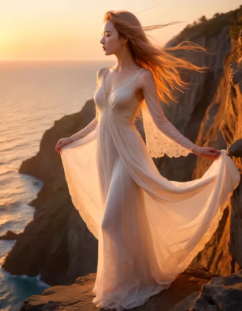 A young woman with hair cascading like a golden waterfall, dressed in an ethereal white gown adorned with delicate lace and beads, stands gracefully atop a craggy cliff overlooking a tranquil cerulean ocean during the soft dreamy hues of twilight sunset, her eyes glistening with fervor of youthfuly passion as she gazes out into horizon, her slender arms outstretched in defiant pose, wind whipping through hair and billowing gown like sails of ship, casting lon shadows upon rugged cliffside, illuminated by warm amber glow setting sun bathing entire scene in romantic otherworldly light. Rose <lora:tuywym18fbf2f77aan502:1>