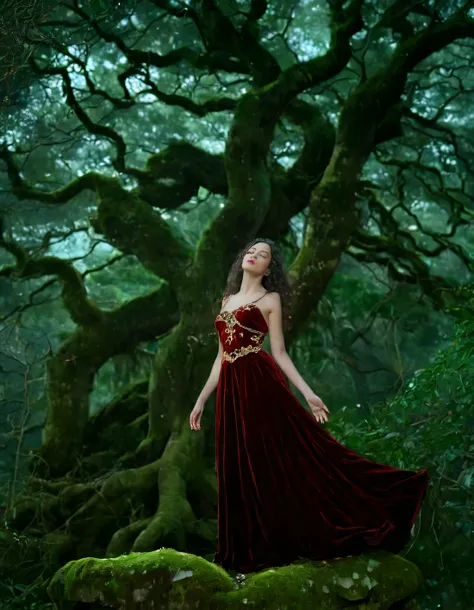 A captivating young woman with cascading raven curls adorned in a crimson velvet gown with intricate golden embrodery, stands atop moss-covered stone altar amidst sea towering emerald trees,their leaves gently rustling in cool night breeze. Her delicate features, bathed in soft ethereal glowing moonlight filtering through canopy above, are accentuated by expressive sapphire eyes, filled intense longing melancholy reaching out beyond frame, inviting viewer share emotional turmoil. The camera angle is low one, looking up at her from below, emphasizing regal beauty vastness woodland surrounding her while also hinting vulnerability beneath stoic façade. Her slender fingers are intertwined branches overhead, adding element mystery to her presence ancient woodland, while shimmerse sense isolation she feels amidst the ancient woodland. The backdrop of forest, dense foliage casting dramatic shadows across face, adds elements mystery intrigue while also reincing sense isolation she feels amidsthe ancient woodland. The white luminous flowers scattered bout her feet seem to shimmer and glitter in moonlight, as if homage haunting grace. Rose <lora:tuywym18fbf2f77aan502:1>