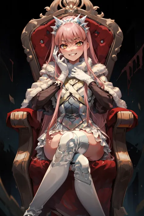 masterpiece,best quality,1girl,medb \(fate\),tiara,fur coat,armor,white elbow gloves,white skirt,white thigh boots,grin,sitting,throne,hand on own cheek,crossed legs,looking down,<lora:MedbV8:0.8>,