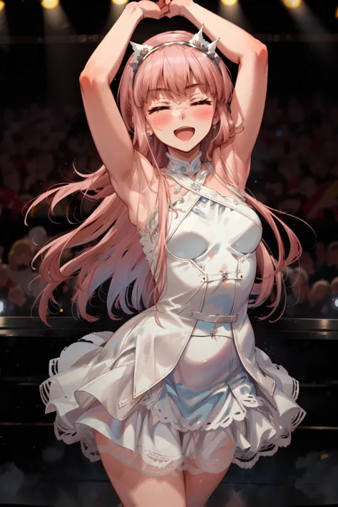 masterpiece,best quality,1girl,mature female,medb \(fate\),white hairband,bare shoulders,white dress,smile,open mouth,closed eyes,blush,standing,arms up,on stage,<lora:MedbV8:0.8>,