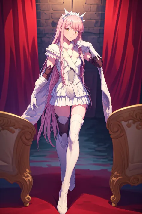 best quality, masterpiece, HDR, UHD, 8K, highres, absurdres, Highly detailed, ultra-fine painting, extreme detail description, Professional, 1girl, (full body:1.2), <lora:PAseer-SD15-LCM Quick:1>, <lora:neg4all_bdsqlsz_V3.5:1>, <lora:add_detail:1>, <lora:MedbV8:1>, medb \(fate\), tiara, fur coat, armor, white elbow gloves, white skirt, white thigh boots,